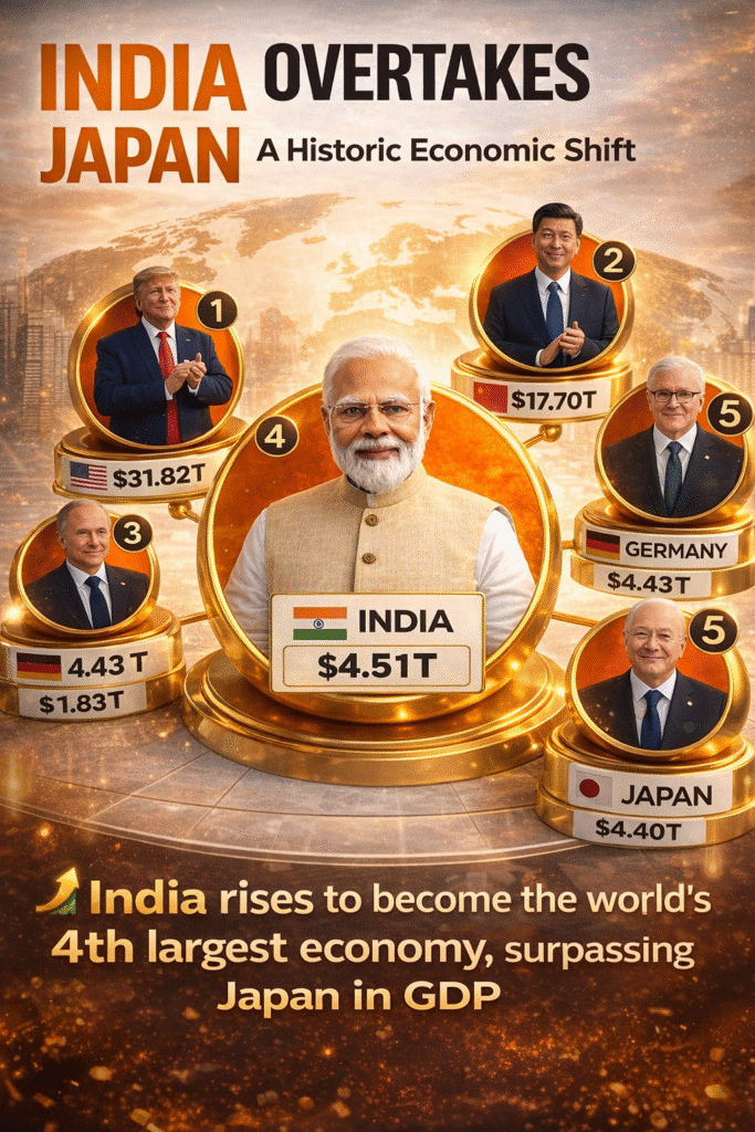 India overtakes Japan to become the world’s fourth largest economy, illustrated with global GDP rankings